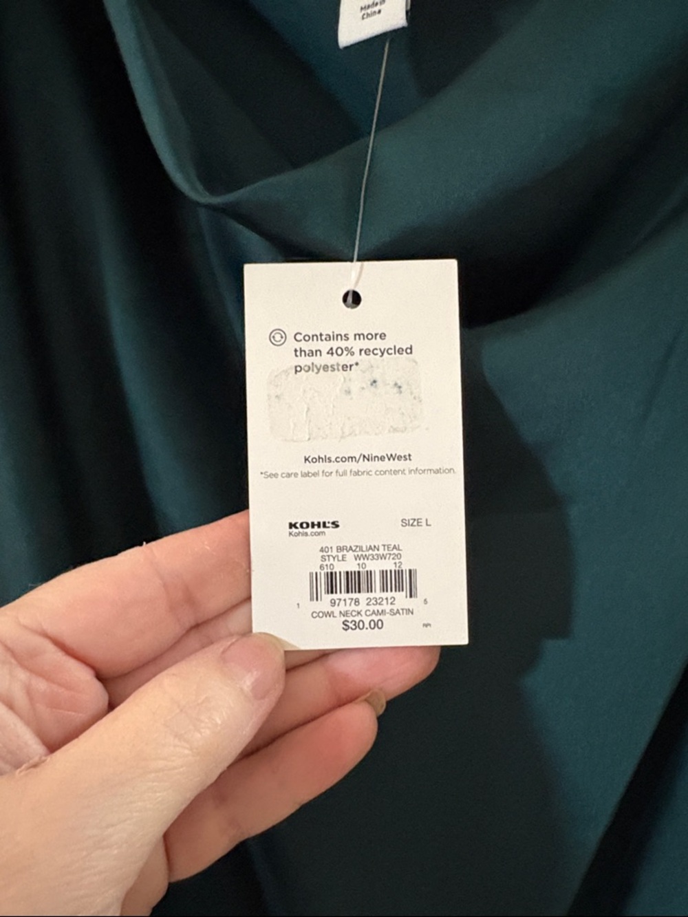 Nine West Teal Satin Cowl Neck Top large NWT - Picture 4 of 7